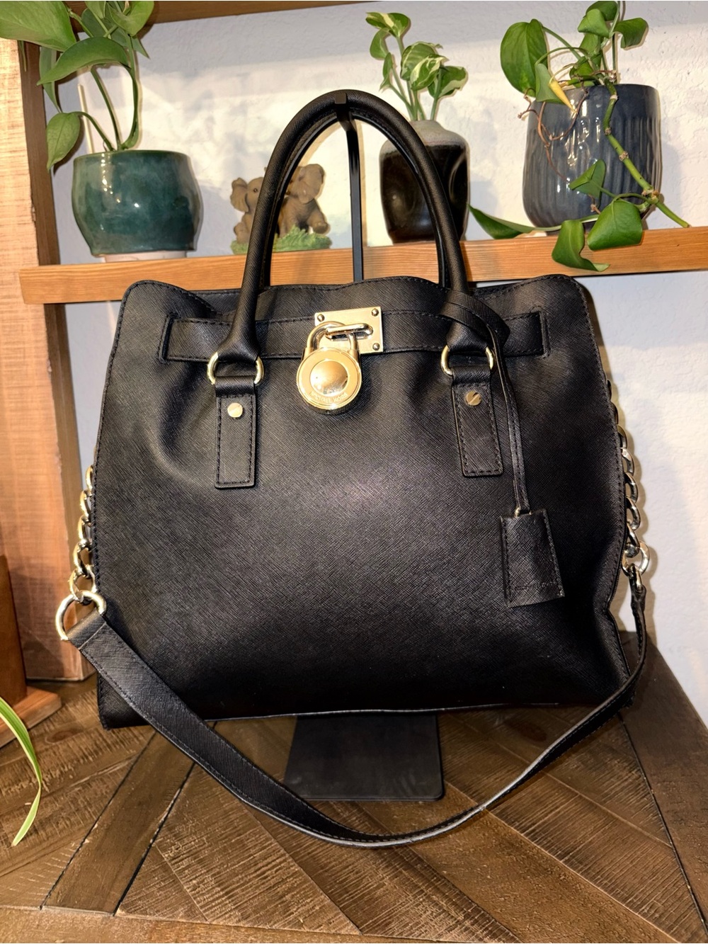 Michael Kors Hamilton Large Black Saffiano Leather Satchel Crossbody Gold Lock